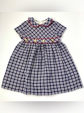 VTG Sylvia Whyte Girls 3T Navy Blue Plaid Dress Red Gold Buttons | Excellent
